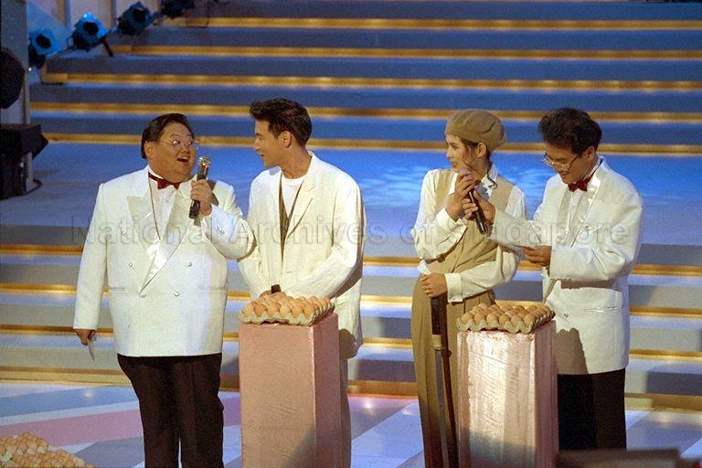 Show hosts Moses Lim (left) and Jack Neo hosting the National Kidney Foundation's 25th anniversary Hongkong Stars Charity Show, Singapore Broadcasting Corporation auditorium