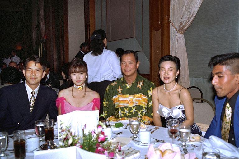 (From right) Television compere Darryl David, bowler Grace Young, ex-swimming champion Ang Peng Siong, Television Corporation of Singapore (TCS) artistes Michelle Chia and Lin Yisheng at President's Charity Ball held at Orchid Ballroom, Orchard Hotel
