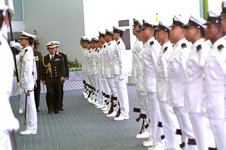 Former Commander of the Royal Brunei Navy Pehin Colonel Dato Seri Pahlawan Haji Kefli, who is on a three-day official visit to Singapore, inspecting guard of honour at Ministry of Defence in Bukit Gombak during conferment ceremony of Meritorious Service Medal (Military)