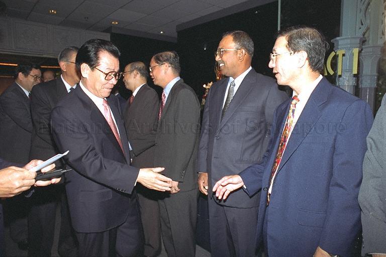 Li Ruihuan, Chairman of Chinese People's Political Consultative Conference (CPPCC) going through a receiving line at the dinner hosted by Speaker of Parliament Tan Soo Khoon in honour of the visiting Chinese leader at Mandarin Singapore