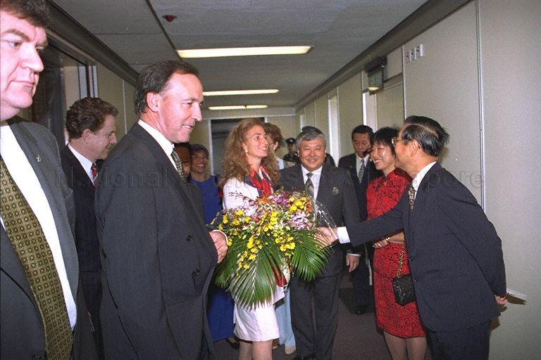 Australian Prime Minister Paul Keating and his wife, Mrs Annita Keating, going through a receiving line upon arrival at Singapore Changi Airport Terminal 1