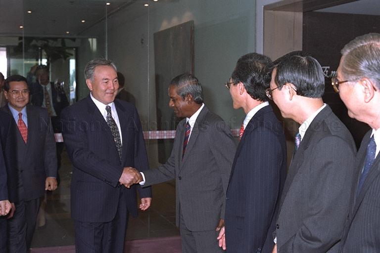 Kazakhstan President Nursultan Nazarbayev being greeted by Minister for Foreign Affairs and Law Professor S Jayakumar upon arrival at Singapore Changi Airport Terminal 2