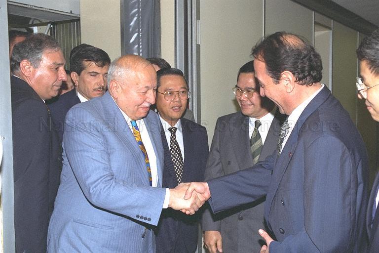Prime Minister of Turkey Professor Dr Necmettin Erbakan being welcomed by an official at Singapore Changi Airport Terminal 1. Looking on is Minister for Community Development and Minister-In-Charge of Muslim Affairs Abdullah Tarmugi.