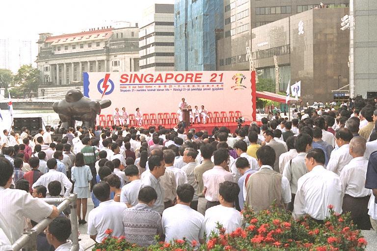 Member of the People's Action Party (PAP) speaking at PAP rally for the 1997 General Elections at pesdestrian mall in front of &nbsp;UOB Plaza