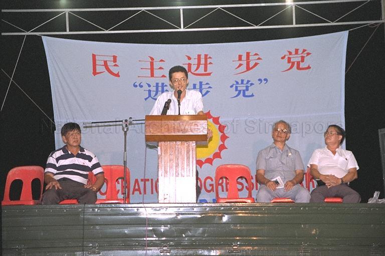 Taken at: Democratic Progressive Party (DPP) 1997 General Elections Rally for Chua Chu Kang Constituency at open field beside Chua Chu Kang Drive  Picture shows DDP candidate for Kampong Glam Constituency Tan Lead Shake delivering a speech at DPP1997 General Elections Rally for Chua Chu Kang Constituency at open field beside Chua Chu Kang Drive
