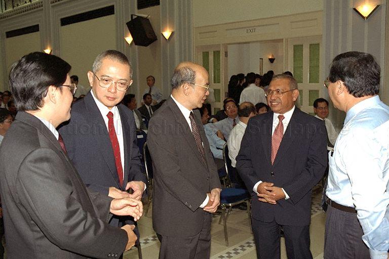 (From right) Minister for Community Development Abdullah Tarmugi  (back to camera), Member of Parliament (MP) for Marine Parade Group Representation Constituency (GRC) Othman bin Haron Eusofe, MP for Leng Kee and Mayor of Tanjong Pagar Community Development Council (CDC) district Dr Ow Chin Hock, MP for Mountbatten and Mayor of Marine Parade CDC district Eugene Yap Giau Cheng and Senior Parliamentary Secretary to Ministry of Defence and Ministry of National Development Matthias Yao Chih attending swearing-in ceremony of CDC mayors at People's Association (PA) auditorium