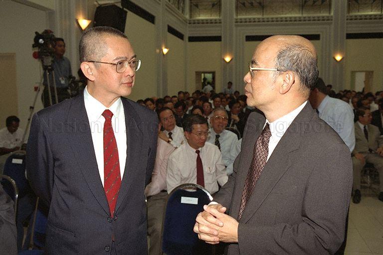 Member of Parliament (MP) for Leng Kee and Mayor of Tanjong Pagar Community Development Council (CDC) district Dr Ow Chin Hock (right) having a chat with MP for Mountbatten and Mayor of Marine Parade CDC district Eugene Yap Giau Cheng during swearing-in ceremony of CDC mayors at People's Association (PA) auditorium