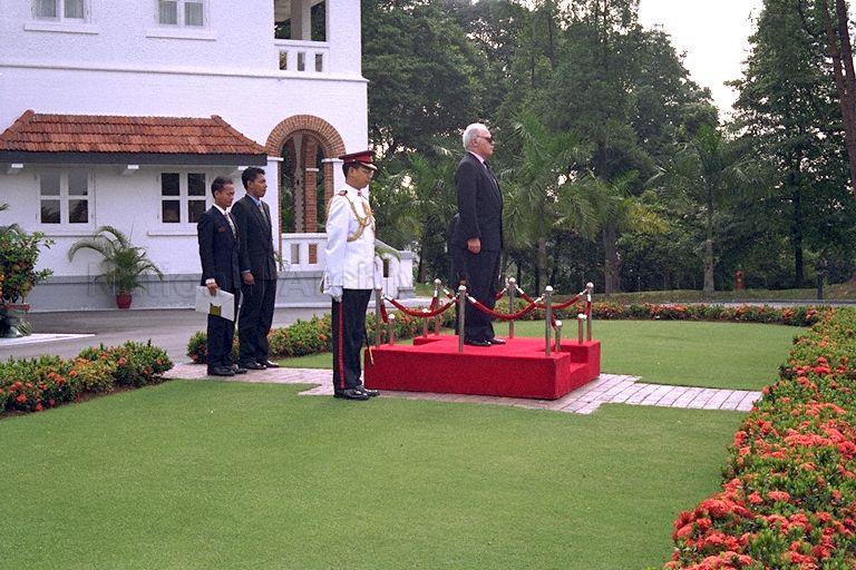 Picture shows the Ambassador-Designate of Portugal, Gabriel Maria Da Costa Mesquita De Brito inspecting the Guard-of-Honour