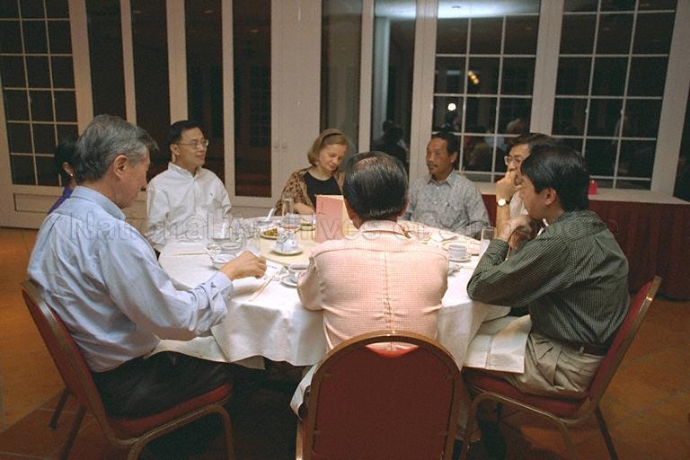 View of guests attending dinner held for former Ministry of Information and the Arts Permanent Secretary Brigadier-General Tan Chin Tiong and Deputy Secretary Tan Tee How at Pyramid Club, 2 Goodwood Hill