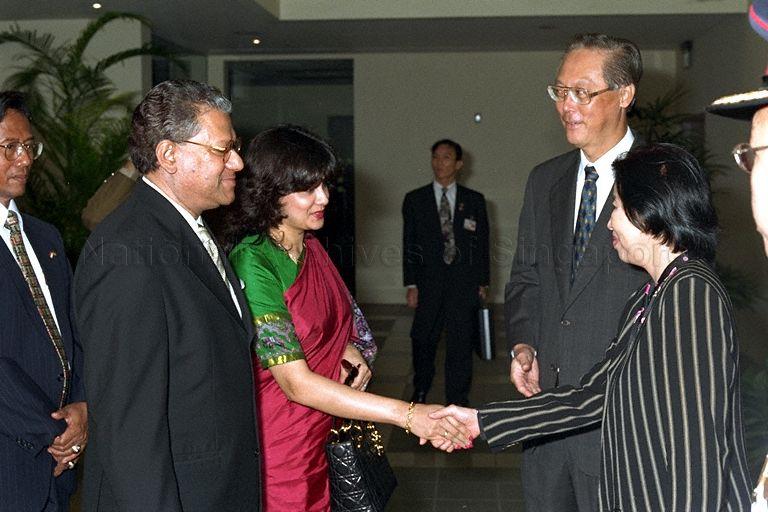 Wife of Prime Minister Mrs Goh Chok Tong greeting Mrs Veena Ramgoolam, wife of Mauritian Prime Minister upon her arrival at Singapore Changi Airport Terminal 2