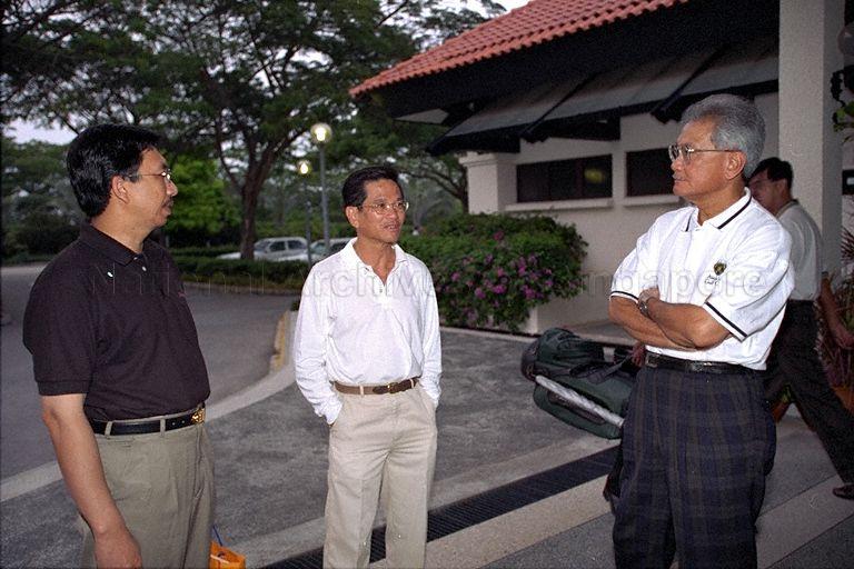 From right, Special Adviser to Sultan and Yang Di-Pertuan of Brunei Darussalam in Prime Minister's Office and Minister of Home Affairs Pehin Dato Haji Isa Bin Ibrahim, National Heritage Board Chief Executive Officer Lim Siam Kim and Permanent Secretary at Prime Minister's Office of Brunei and Director of Broadcasting Haji Hazair Haji Abdullah in conversation before golfers' breakfast hosted by Minister for Information and the Arts and Second Minister for Trade and Industry Brigadier-General George Yeo Yong-Boon for the Bruneian Special Adviser at Tanah Merah Country Club.