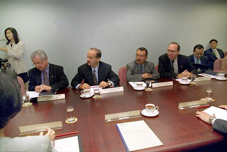 President of Costa Rica Jose Maria Figueres (second from left) and delegation members at a meeting with officials of Maritime and Port Authority of Singapore (MPA) during their visit to MPA at Port of Singapore Authority (PSA) Building at Alexandra Road. A land tour of port of Singapore was conducted for the Costa Rican President and his delegation following the MPA visit.