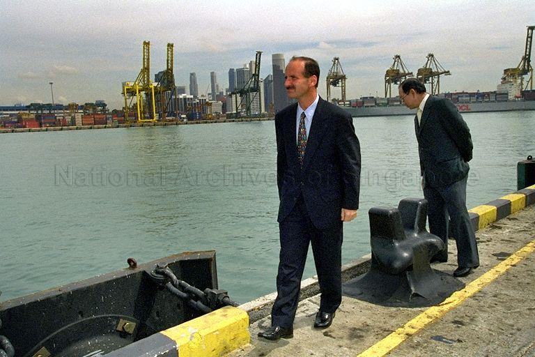President of Costa Rica Jose Maria Figueres touring Singapore port after his visit to Maritime and Port Authority of Singapore (MPA) at Port of Singapore Authority (PSA) Building in Alexandra Road. The Costa Rican President was in Singapore for a three-day official visit at the invitation of Prime Minister Goh Chok Tong.