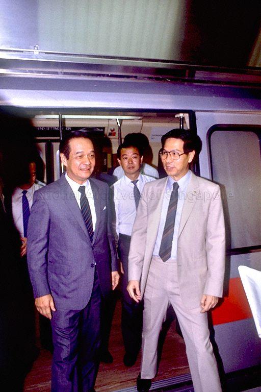 From right, Second Deputy Prime Minister Ong Teng Cheong and Chairman of Mass Rapid Transit Corporation (MRTC) Michael Fam during official opening of the Yio Chu Kang-Toa Payoh line of the MRT system