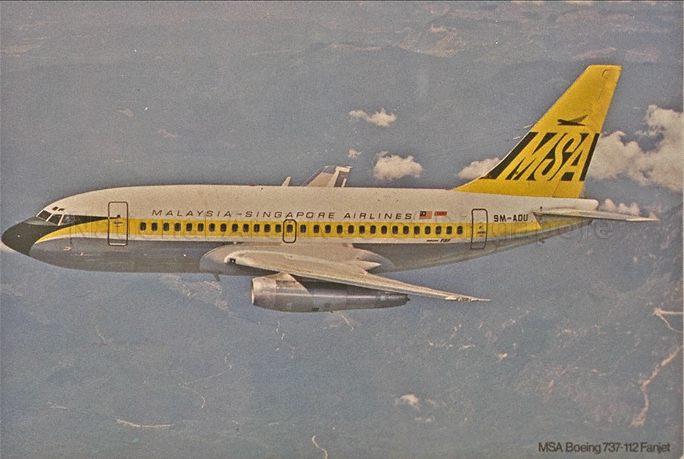A Malaysia-Singapore Airlines (MSA) Boeing 737-112 Fanjet in mid-flight. MSA came into being in 1966 as a result of joint ownership of the airline by the governments of Malaysia and Singapore. It became defunct in 1972 when both governments decided to set up their own national airlines -- Malaysian Airline System (MAS) and Singapore Airlines (SIA).