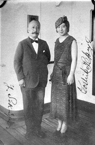 Celebrated Japanese coloratura soprano Ms Toshiko Sekiya with her father Mr Yunosuke Sekiya during stop off in Singapore on their way back to Japan on the ship Terukuni Maru