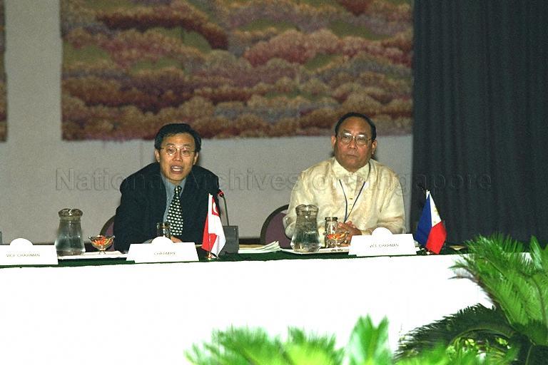 Chairman of ASEAN Committee on Culture and Information (COCI) meeting and Deputy Secretary to Ministry of Information and the Arts Choo Whatt Bin with Vice Chairman and Press Undersecretary of the Philippines Honesto M Isleta at plenary session of 33rd ASEAN COCI meeting at Pan Pacific Hotel. Guest of honour at the opening was Minister for Information and the Arts and Second Minister for Trade and Industry Brigadier-General George Yeo Yong-Boon. The four-day ASEAN COCI meeting was attended by delegates from ASEAN countries and Cambodia.