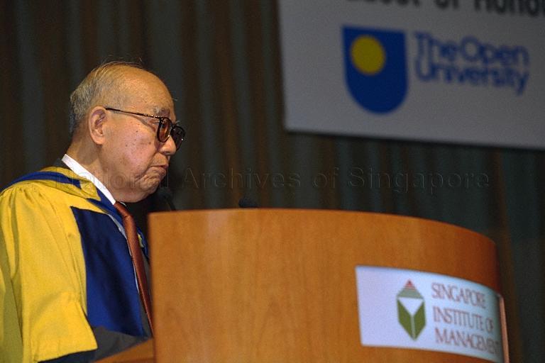 Professor You Poh Seng speaking at inaugural graduation ceremony of the Open University Degree Programme (OUDP) at Westin Stamford. The OUDP was run by Singapore Institute of Management (SIM) in tie-up with Open University, United Kingdom (OUUK). In 2002, the OUDP was renamed SIM Open University Centre (SIM-OUC) when OUUK granted SIM accreditation status. SIM-OUC eventually evolved to become UniSIM in 2005.