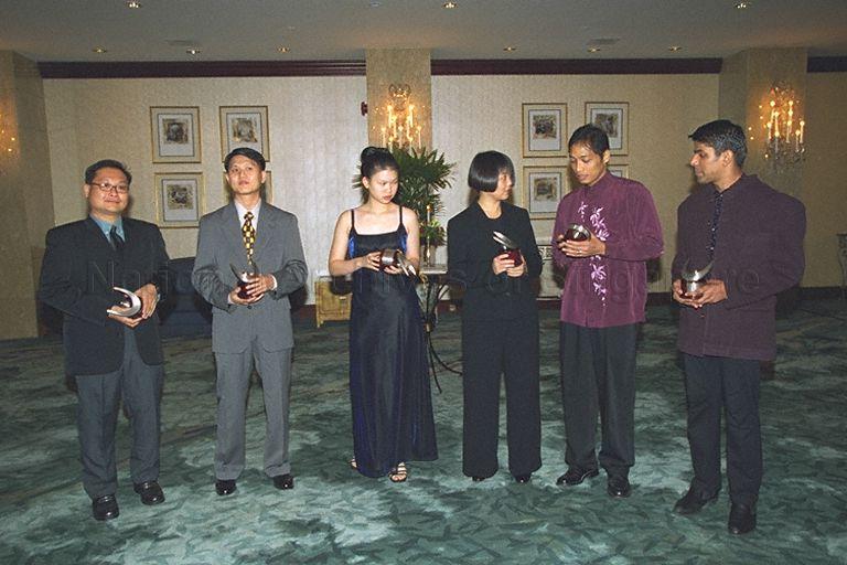 Young Artist award recipients (from right) Thamizhvanan Narayanasamy Veshnu, Paul C Ocampo, Dr Joyce Koh Bee Tuan, Ms Lee Huei Min, Wu Yeow Chong and Alvin Tan Cheong Kheng at Shangri-La Hotel during National Arts Council's awards presentation ceremony. Guest of honour at the event was Minister for Information and the Arts and Second Minister for Trade and Industry Brigadier-General George Yeo Yong-Boon.