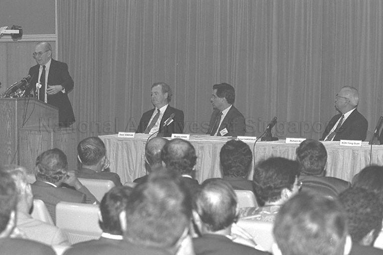 Inaugural address by Managing Director of International Monetary Fund (IMF) Michel Camdessus during opening ceremony of IMF-Singapore Regional Training Institute (STI) at Monetary Authority of Singapore Building. Seated from right (facing camera) are, Minister for Finance Dr Richard Hu Tsu Tau, Director of IMF Institute Dr Mohsin S Khan and Director of IMF-STI Dr Donal J Donovan.