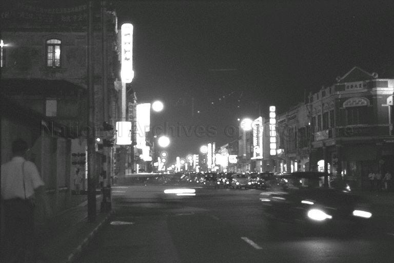 Night scene at the junction of North Bridge Road and Bras Basah Road