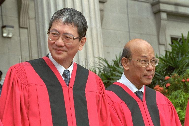 Justice Tan Lee Meng (left) and Judicial Commissioner T Q Lim (Lim Teong Qwee) assembling outside City Hall for group photo during Opening of Legal Year 1999