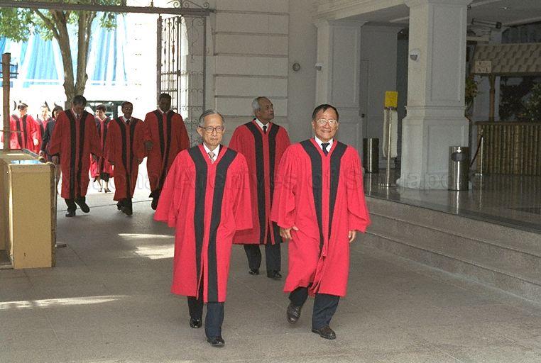 Judge of Appeal L P Thean (left) and Judge Warren Khoo (right) with other Judges and Judicial Commissioners proceeding to Victoria Concert Hall for Opening of Legal Year 1999