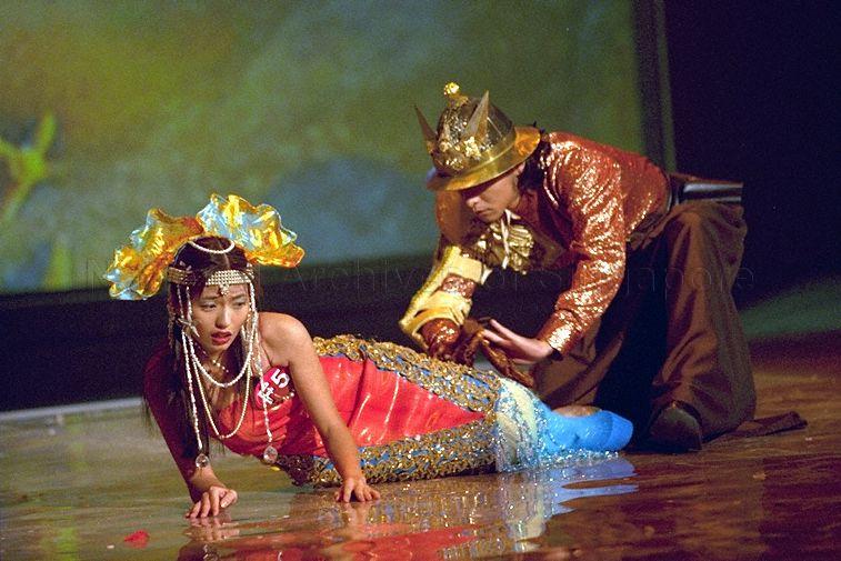 Vivian Lai Yi Ling, the female champion of Television Corporation of Singapore (TCS) All Asian Star Search, portraying as a mermaid in a musical segment during Star Search grand final held at TCS TV Centre, Caldecott Broadcast Centre. Guest of honour at the event was Minister for Information and the Arts and Second Minister for Trade and Industry Brigadier-General George Yeo Yong-Boon.