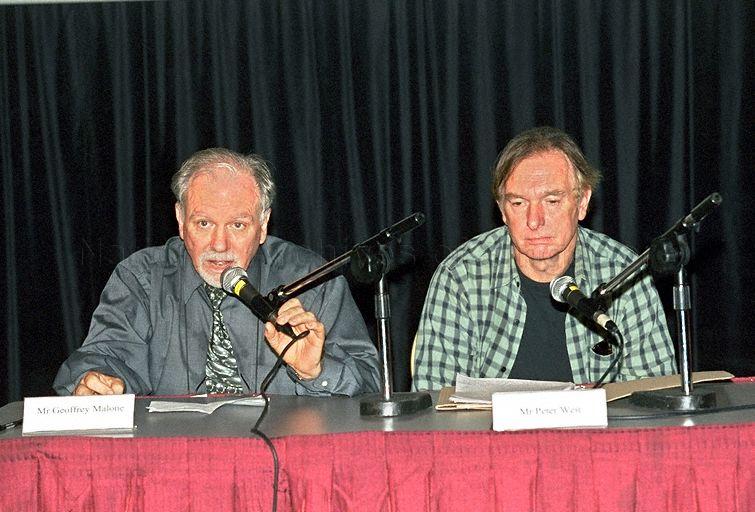 Geoffrey Malone (left), founder of Singapore International Film Festival, and Australian director Peter Weir taking question-and-answer session for Singapore Film Commission (SFC) inaugural master lecture "The Fight to Maintain Artistic Integrity in a Commercially-driven Industry" at GV Grand cinema, Great World City