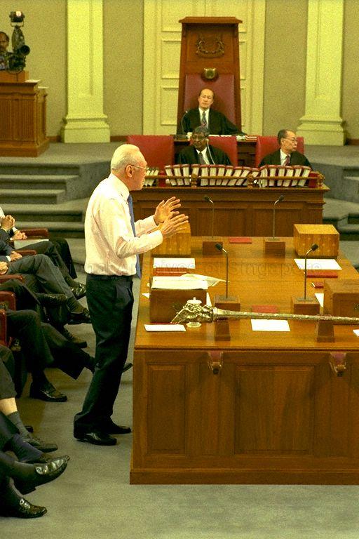 Senior Minister Lee Kuan Yew speaking during a Parliamentary sitting at the Old Parliament House (currently The Arts House) chamber