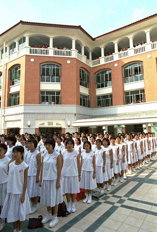 Move of Nanyang Girls' High School from King's Road to Linden Drive - students assembled at new premises