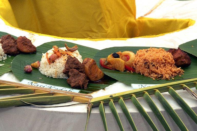 Closeup of food (nasi kedah on left) at Singapore Food Festival's longest and widest nasi padang spread at Malay Village