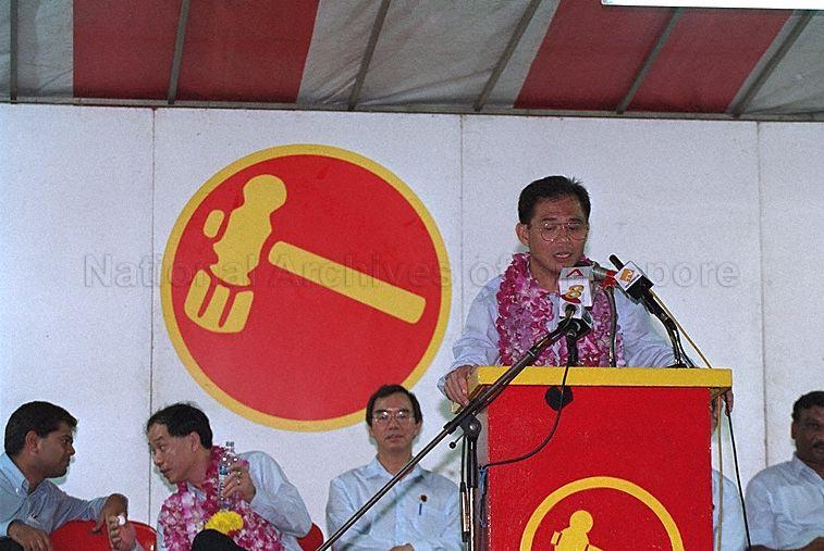 Taken at: Workers' Party (WP) election rally at the open field at Yishun Avenue 11 and Yishun Ring Road Pictured: WP candidate for Nee Soon East Single Member Constituency Poh Lee Guan, Secretary-General of WP Low Thia Khiang, WP member James Gomez and Chairman of WP Dr Tan Bin Seng