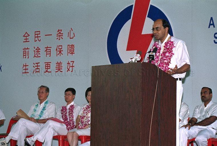 Taken at: People's Action Party (PAP) rally for the 2001 General Election at Jurong East Stadium Pictured: PAP candidate for Marine Parade GRC Goh Chok Tong and PAP candidates for Jurong GRC Tharman Shanmugaratnam and Lim Boon Heng