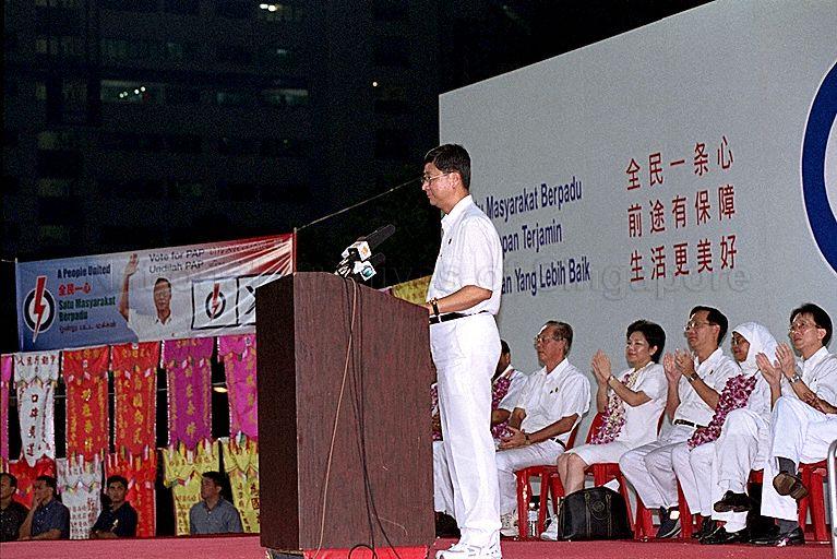 Taken at: People's Action Party (PAP) rally for the 2001 General Election at Jurong East Stadium Pictured: PAP candidate for Marine Parade GRC Goh Chok Tong, PAP candidate for Jurong GRC Lim Boon Heng, PAP candidate for Holland–Bukit Panjang GRC Lim Swee Say, PAP candidate for Jurong GRC Halimah Yacob, PAP candidate for Jurong GRC Dr Ong Chit Chung and PAP candidate for Jurong GRC Yu-Foo Yee Shoon