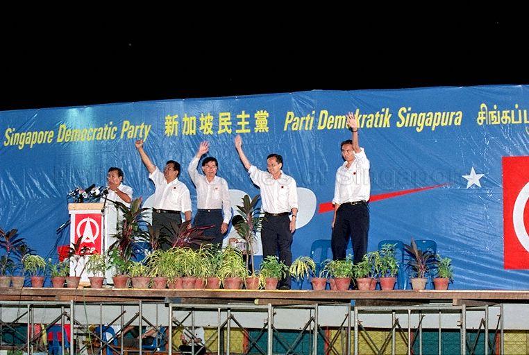 Taken at: Singapore Democratic Party (SDP) 2001 General Election rally at Bukit Gombak Stadium in Hong Kah Group Representation Constituency (GRC) Pictured: SDP candidates for Hong Kah GRC Wong Hong Toy, Sarry Hassan, Cheo Chai Chen, Lim Tung Hee and Lim Boon Heng