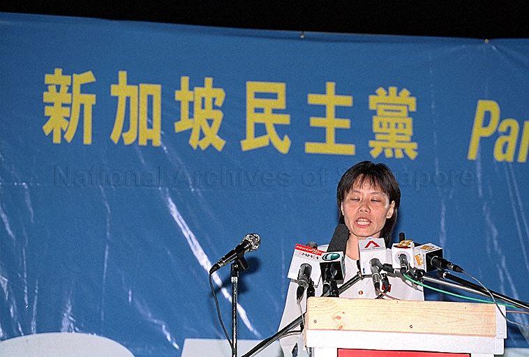 Taken at: Singapore Democratic Party (SDP) 2001 General Election rally at Bukit Gombak Stadium in Hong Kah Group Representation Constituency (GRC) Pictured: SDP candidate for Jurong GRC Chee Siok Chin