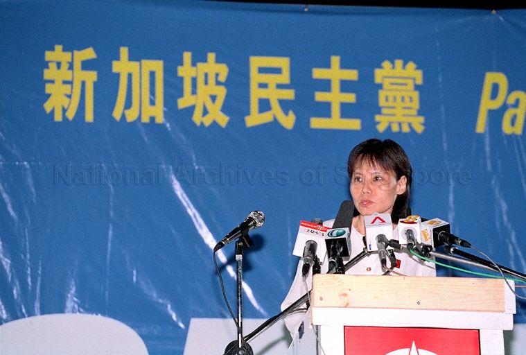 Taken at: Singapore Democratic Party (SDP) 2001 General Election rally at Bukit Gombak Stadium in Hong Kah Group Representation Constituency (GRC) Pictured: SDP candidate for Jurong GRC Chee Siok Chin