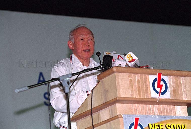 Taken at: People's Action Party (PAP) rally for the 2001 General Election at the open field at the junction of Yishun Avenue 2 and Yishun Central Pictured: PAP candidate for Tanjong Pagar GRC Lee Kuan Yew