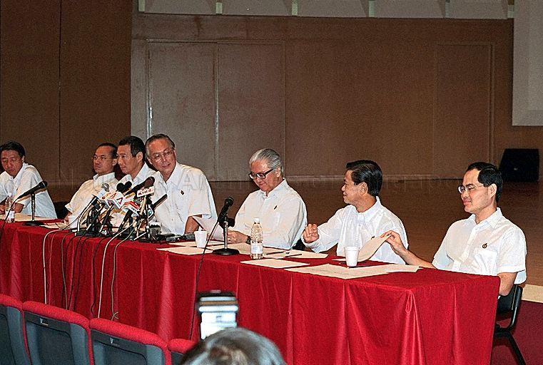Taken at: General Election 2001 press conference at Singapore Conference Hall &nbsp;Pictured: Prime Minister Goh Chok Tong, Deputy Prime Minister Brigadier-General Lee Hsien Loong, Deputy Prime Minister Dr Tony Tan, Minister for Education and 2nd Minister for Defence Teo Chee Hean, Minister for Home Affairs Wong Kan Seng, Minister for Trade and Industry George Yeo and Minister for Health and 2nd Minister for Finance Lim Hng Kiang