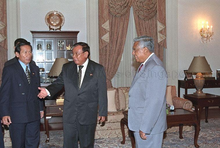 Picture shows the Prime Minister of Laos Bounnhang Vorachith and his delegation calling on President S R Nathan at the Istana