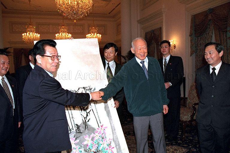 Taken at: Visit by Chairman of the Committee of the Chinese People's Political Consultative Conference (CPPCC) National Committee Li Ruihuan to Singapore - Call on Senior Minister Lee Kuan Yew at the Istana Pictured: Senior Minister Lee Kuan Yew, Minister of State for Communications and Information Technology and National Development Dr John Chen and Chairman of the CPPCC National Committee Li Ruihuan