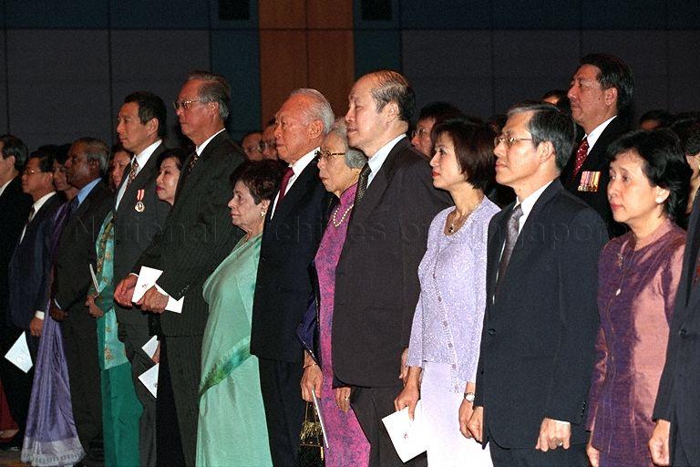From right, Mrs Lee Yock Suan, Minister for Information and the Arts Lee Yock Suan, Mrs Tan Soo Khoon, Speaker of Parliament Tan Soo Khoon, Mrs Lee Kuan Yew, Senior Minister Lee Kuan Yew, Mrs S R Nathan (wife of President), Prime Minister Goh Chok Tong, Mrs Goh, Deputy Prime Minister Lee Hsien Loong, Madam Ho Ching, Minister for Law and Foreign Affairs Professor S Jayakumar, Mrs Jayakumar and Minister for Home Affairs Wong Kan Seng attending investiture ceremony of 2001 National Day Awards at Suntec City