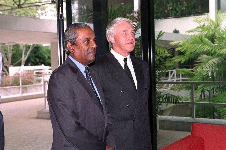 Minister for Foreign Affairs and Law Professor S Jayakumar, who is at British High Commission in Tanglin Road to sign condolence book for the late Princess Margaret, with British High Commissioner to Singapore Sir Stephen Brown