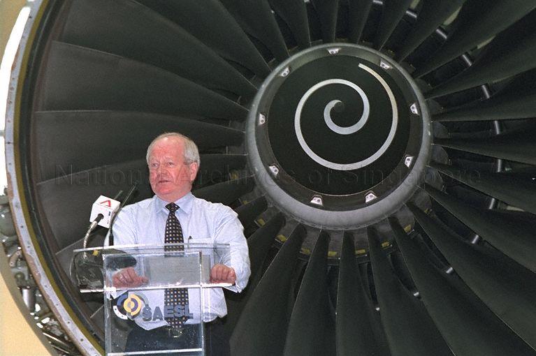 Chairman of Singapore Aero-Engine Service Pte Ltd (SAESL) and Managing Director of Rolls-Royce's Aero Repair and Overhaul Division Ian Lloyd speaking at opening of SAESL at Calshot Road, Changi. Minister for Trade and Industry Brigadier-General George Yeo Yong-Boon is Guest-of-Honour