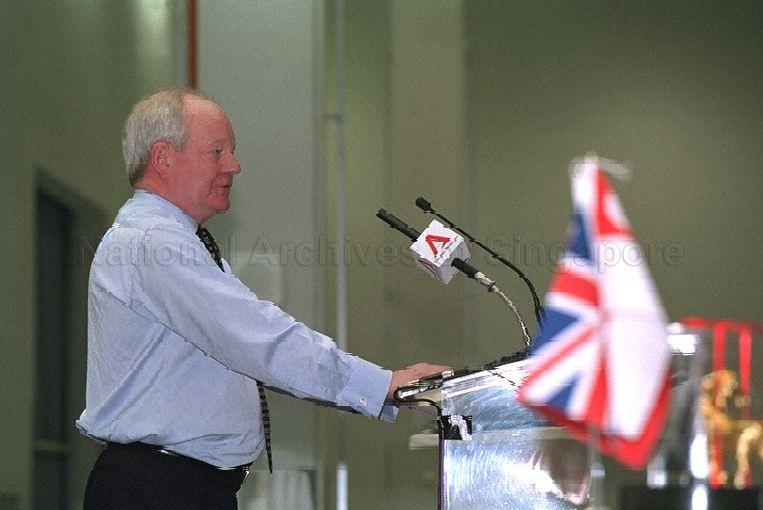 Chairman of Singapore Aero-Engine Service Pte Ltd (SAESL) and Managing Director of Rolls-Royce's Aero Repair and Overhaul Division Ian Lloyd speaking at opening of SAESL at Calshot Road, Changi. Minister for Trade and Industry Brigadier-General George Yeo Yong-Boon is Guest-of-Honour