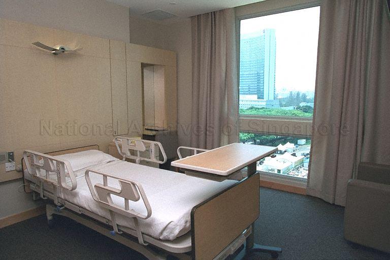 View of patient room in Raffles Hospital. The private hospital at North Bridge Road was officially opened by Deputy Prime Minister and Minister for Finance Lee Hsien Loong.