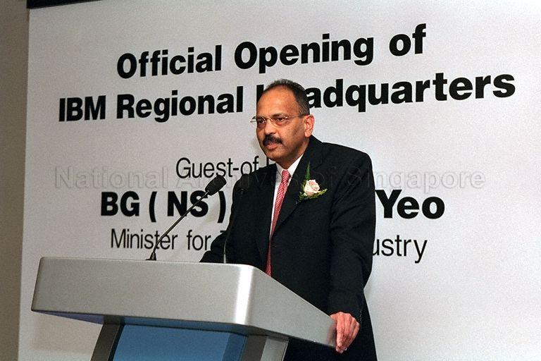 General Manager for IBM ASEAN (Association of Southeast Asian Nations) and South Asia Satish Khatu speaking at official opening of IBM Building in Changi Business Park. Guest of honour at the event was Minister for Trade and Industry Brigadier-General George Yeo Yong-Boon.