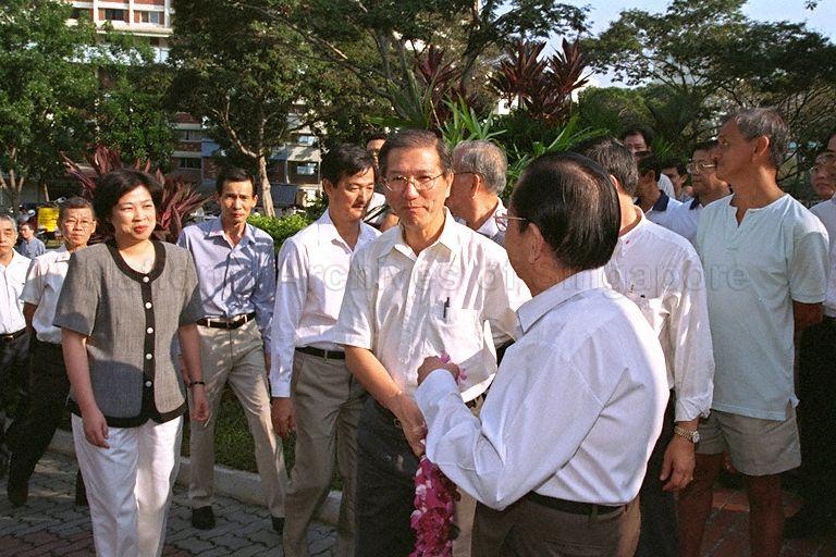 Members of Parliament for Marine Parade Group Representation Constituency (GRC) Mrs Lim Hwee Hua and Goh Choon Kang with grassroots leaders awaiting the arrival of Minister for Trade and Industry Brigadier-General George Yeo Yong-Boon, who is on a community visit to Braddell Heights Division of Marine Parade GRC