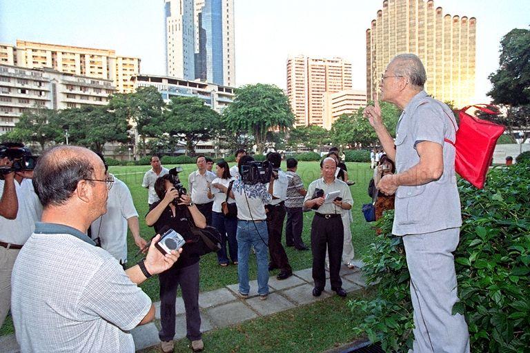 Democratic Progressive Party chief Tan Soo Phuan speaking at the opening day of Speakers' Corner at Hong Lim Park